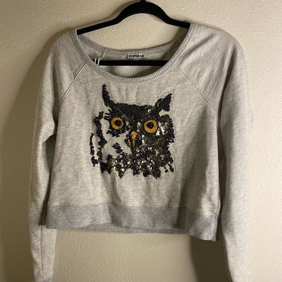 Vintage Express Light Gray Sweater with Sequin Owl sz M - Picture 1 of 3